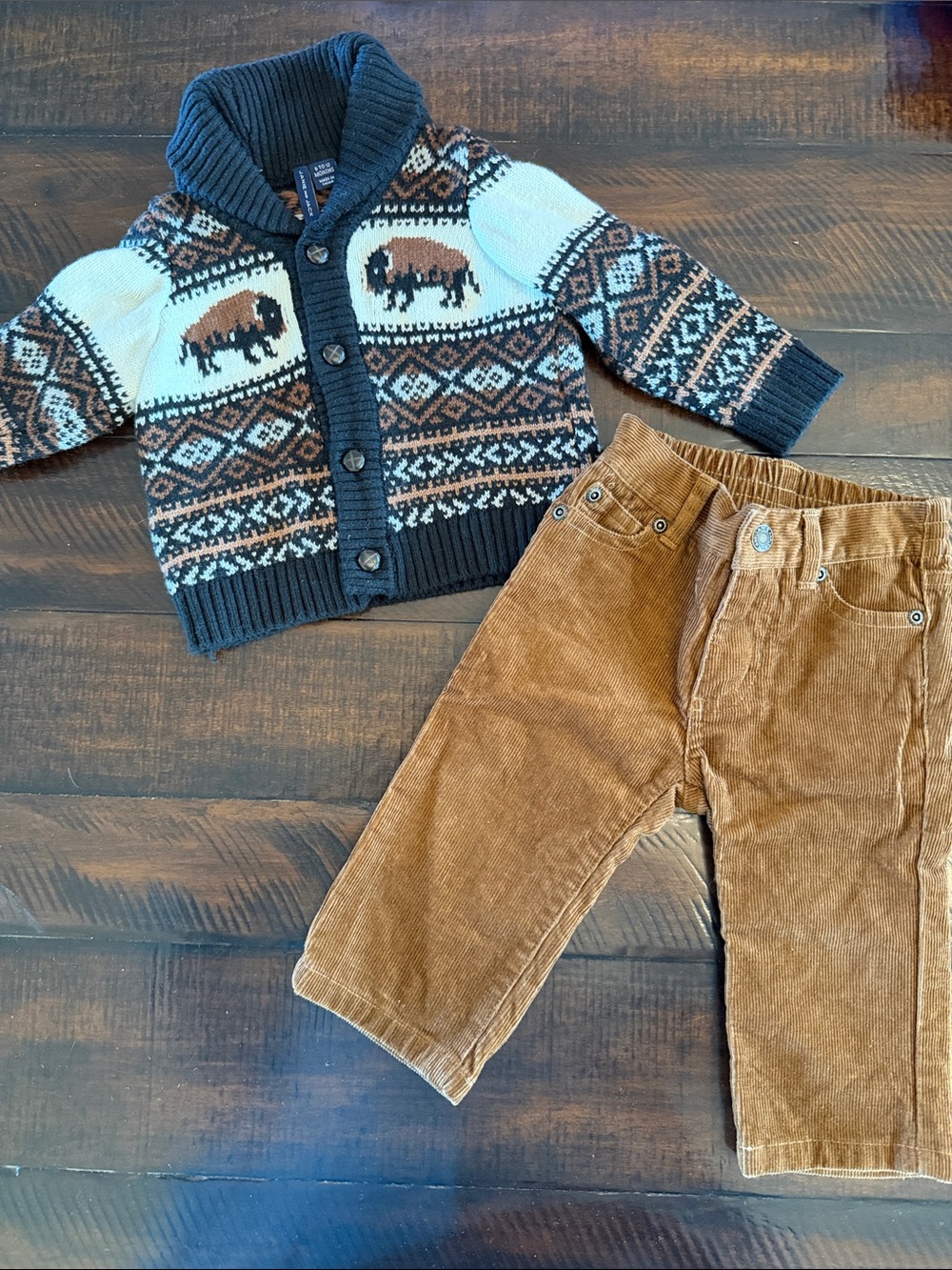 Kids Shawl Collar Buffalo Pattern Cardigan and matching corduroy pants